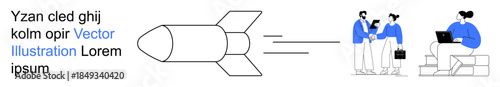 Innovation, business strategy, teamwork, goal setting, creative thinking, corporate progress. Rocket icon and professionals talking and working. Innovation and business strategy concept