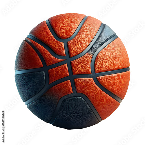 High-quality 3D rendered basketball featuring a realistic orange leather texture with clearly defined black channel lines. Isolated on a white background, this detailed illustration is ideal for sport