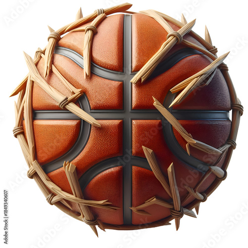 High-quality 3D rendered basketball featuring a realistic orange leather texture with clearly defined black channel lines. Isolated on a white background, this detailed illustration is ideal for sport