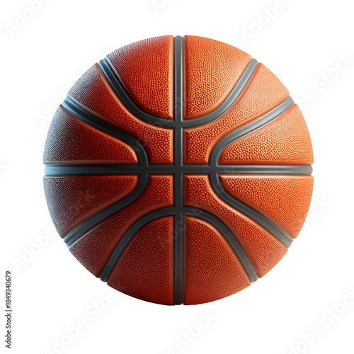 High-quality 3D rendered basketball featuring a realistic orange leather texture with clearly defined black channel lines. Isolated on a white background, this detailed illustration is ideal for sport