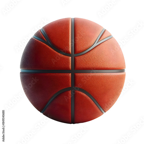 High-quality 3D rendered basketball featuring a realistic orange leather texture with clearly defined black channel lines. Isolated on a white background, this detailed illustration is ideal for sport