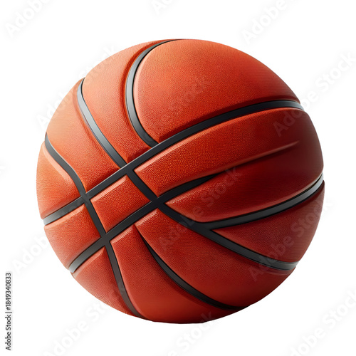 High-quality 3D rendered basketball featuring a realistic orange leather texture with clearly defined black channel lines. Isolated on a white background, this detailed illustration is ideal for sport