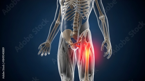 3D medical illustration showing a transparent male body with a red highlight on the groin area, representing pain, hernia, or muscle strain on a blue background