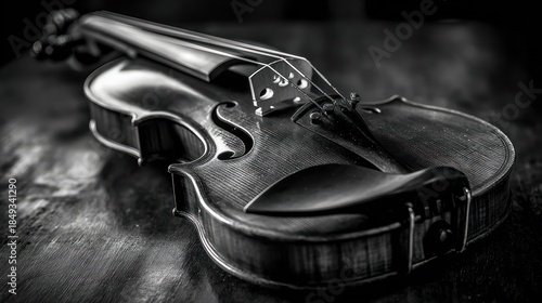 Close-up black and white violin resting on a dark surface.  Intricate details of the instrument's curves and craftsmanship are highlighted