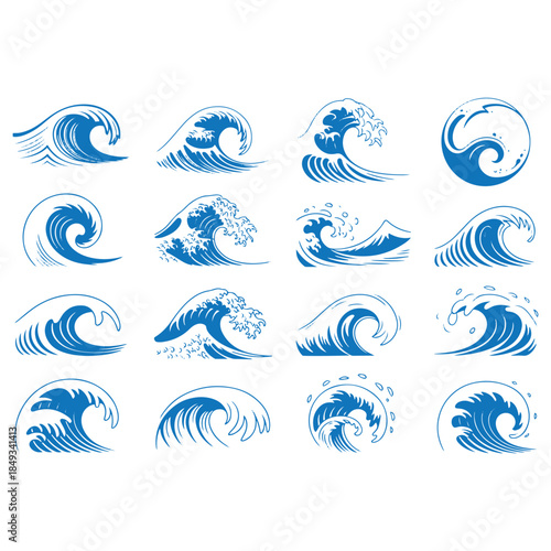 Set of Blue Stylized Ocean Wave Illustrations water