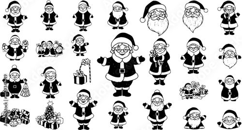 Festive Santa Claus  Mrs. Claus Clipart Set: Black and White Christmas Icon Collection