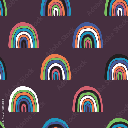 Trendy seamless pattern with colorful rainbow on color background. Design for invitation, poster, card, fabric, textile, fabric. Cute holiday illustration for baby. Scandinavian doodle style.