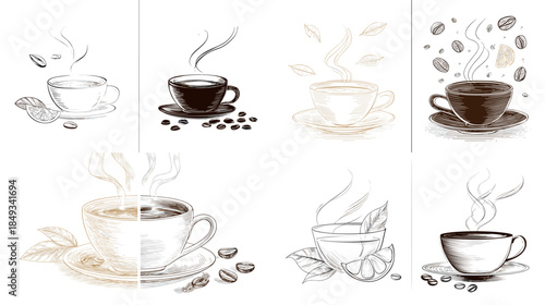 Hand drawn coffee and tea cups with steam and beans, vintage line art set for cafe menu, packaging, posters and cozy morning drink design on white background.