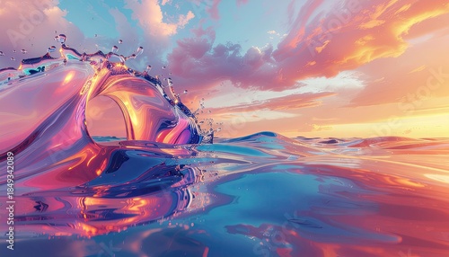 Fototapeta Naklejka Na Ścianę i Meble -  Vibrant Sunrise Over Ocean With Reflective Water And Dramatic Cloudscape Illuminated By Golden Hour Light