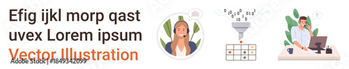 Customer support, data processing, teamwork, remote work, tech solutions, modern business. Woman with headset, data funnel office worker on a computer. Customer support and data processing concepts