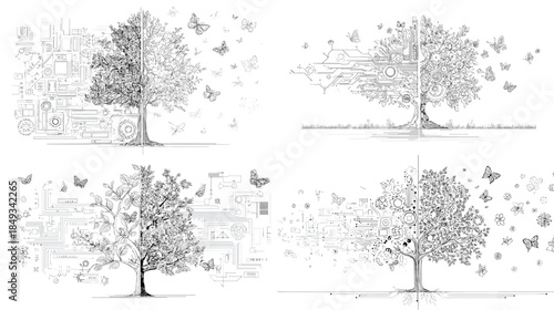 Minimalist line art illustrations of trees in natural landscapes, featuring seasonal scenery and clean outlines, ideal for nature concepts, backgrounds, and environmental design projects.