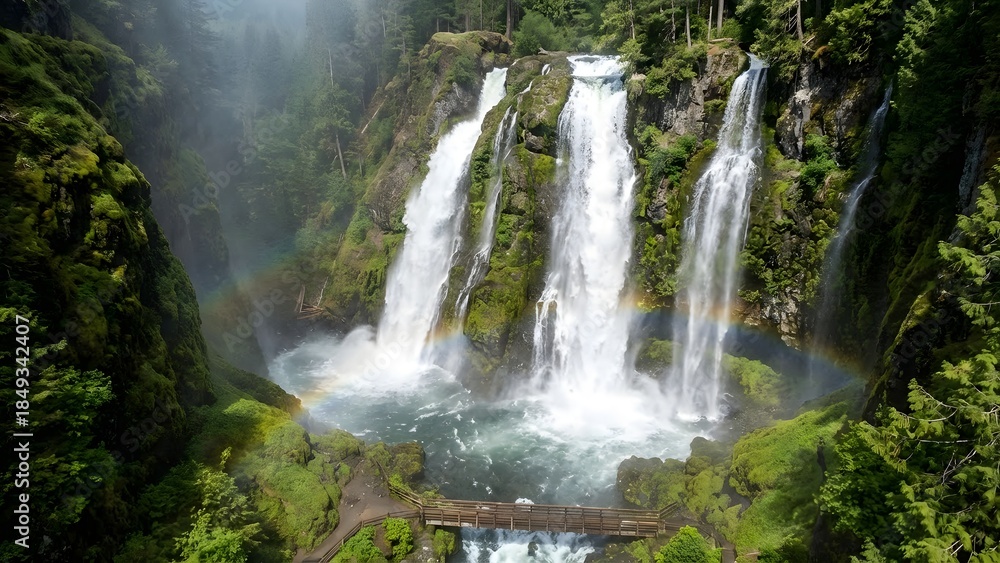 Fototapeta premium Multiple Waterfalls in Lush Green Forest.