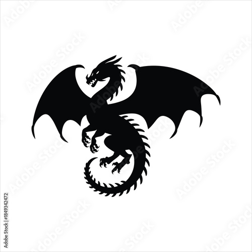Dragon Icon – Black Fantasy Creature Silhouette Vector Illustration