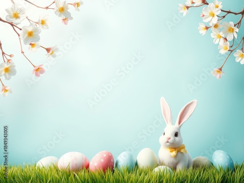 Charming easter scene: fluffy white bunny and decorative eggs nestled in lush green grass, framed by delicate spring blossoms under a serene blue sky.