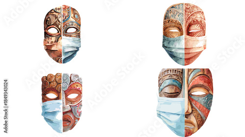 Artistic illustrations of human faces wearing medical masks, combining cultural patterns and portrait design to represent health, protection, identity, and global awareness.