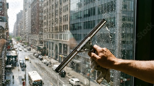 Person Cleaning Window with Squeegee in City Office Building.
