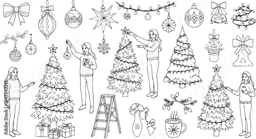 Hand-drawn Christmas Decorations and People Decorating Trees Vector Set. Festive Holiday Season Sketch Art with Ornaments, Bows, Lights, and Winter Elements Doodle Collection on White.