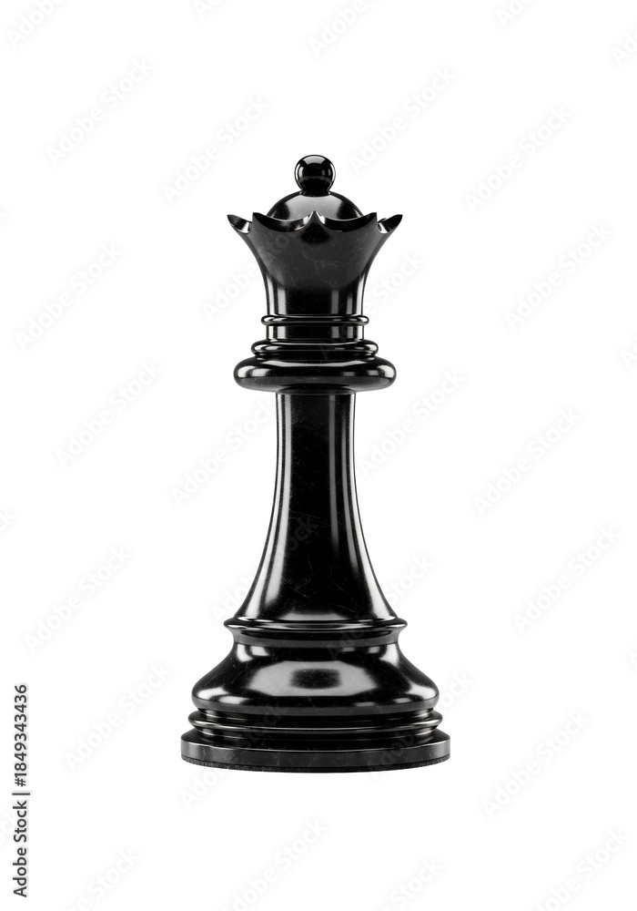 Fototapeta premium a single, imposing black queen chess piece crafted from polished ebonized wood, rendered with macro-sharp focus against a white infinity background with copy space, concept of absolute power