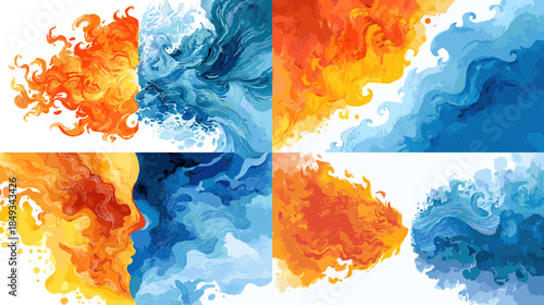 Abstract watercolor illustrations of fire and water elements colliding, featuring dynamic paint splashes and vibrant colors, representing energy, contrast, balance, and elemental power.