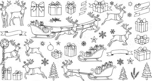 Hand-drawn Christmas Elements Collection with Reindeer, Sleighs, Gift Boxes, Presents, Festive Trees, Snowflakes, and Ribbons  Holiday Season Outline Vector Illustrations.