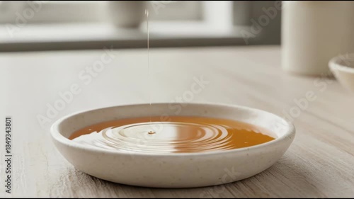 A drop of tea falls into a white bowl on a wooden table
