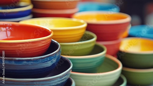 A collection of intricately crafted ceramic bowls with a rainbow of colors, showcasing the artistry and variety found in pottery.