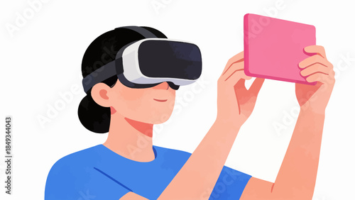 Person using VR headset and holding pink device