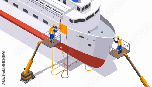 Ship Maintenance: Workers Painting Hull from Cherry Pickers