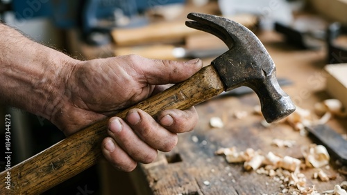 Carpenters Hands Holding Hammer in Workshop.