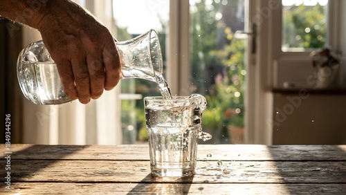 Hand Pouring Water from Glass Pitcher.