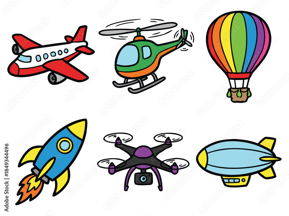 Fototapeta premium Colorful cartoon air transportation vehicles set.