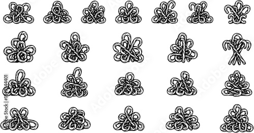 Black and white illustration of many small piles of intertwined candy canes forming abstract shapes