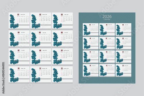 2026 Modern Yearly Calendar Template with classic floral Design Isolated. Happy New Year Calendar Design Template.