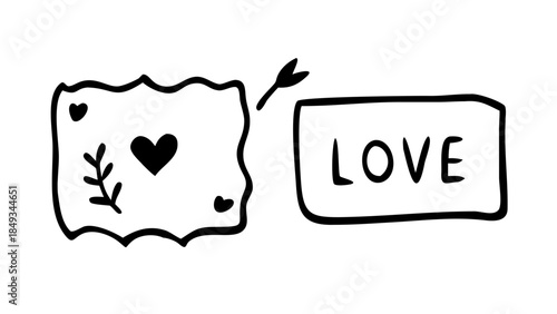 Hand drawn doodle style love letter and ticket illustration in black and white