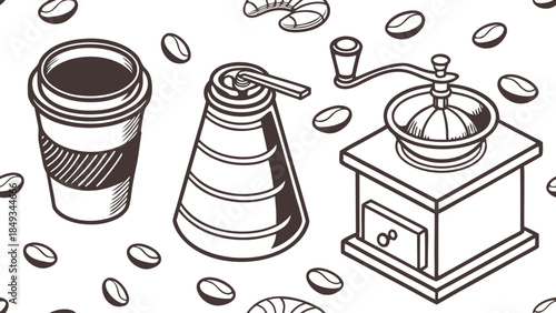 Seamless pattern of vintage coffee grinder, cup and coffee beans
