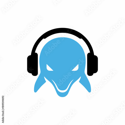 Blue Dolphin Head with Headphones Logo Design.