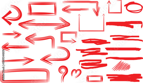 Collection of hand drawn red marker arrows underlines and rectangular shapes for highlighting important text elements.