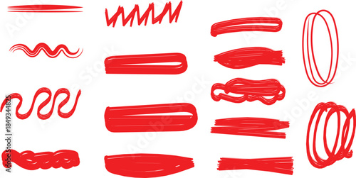 Collection of bright red hand drawn marker strokes underlines and scribbles for graphic design emphasis