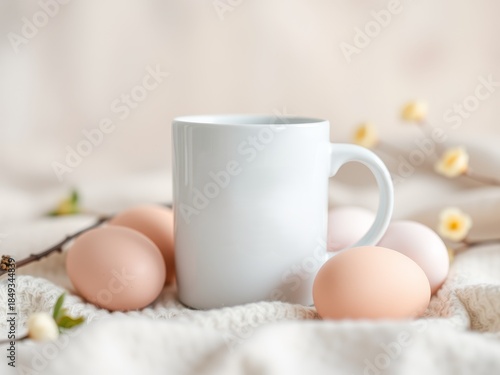 White coffee mug mockup with natural easter eggs and soft fabric background