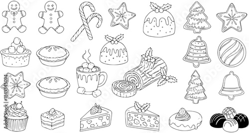 Hand-drawn Christmas Desserts and Sweets Doodle Set. Outline collection of festive cakes, cookies, gingerbread, pies, and hot chocolate for holiday design.