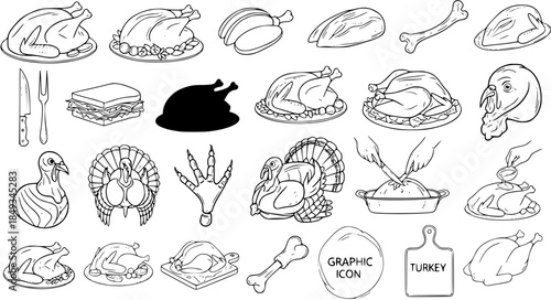 Detailed collection of turkey and poultry line art illustrations, including whole roasted birds, raw meat, cuts, cooking preparation, and food items for holiday or dinner themes.