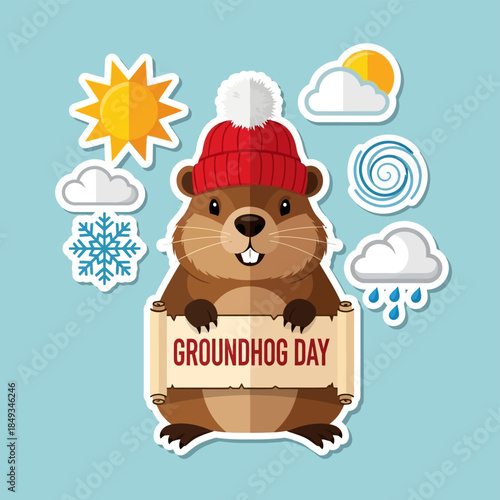 A cheerful cartoon groundhog wearing a red hat holds a sign celebrating Groundhog Day surrounded by various weather icons on a blue background f thirty-nine