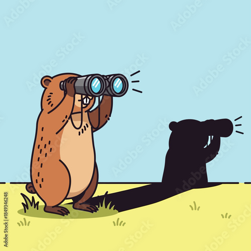 A cartoon beaver stands on grass, gazing through binoculars, while its shadow companion looks through a telescope.