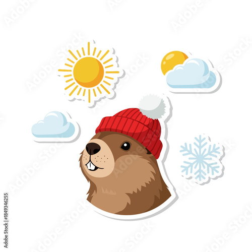 A cartoon beaver wearing a red winter hat is depicted against various weather icons and symbols, illustrating a whimsical seasonal scene.