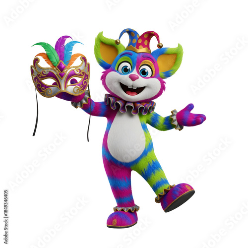 Cheerful colorful mascot clown holding festive mask, representing joy and entertainment. Promoting carnival, festival, amusement, party, and theatrical performance.