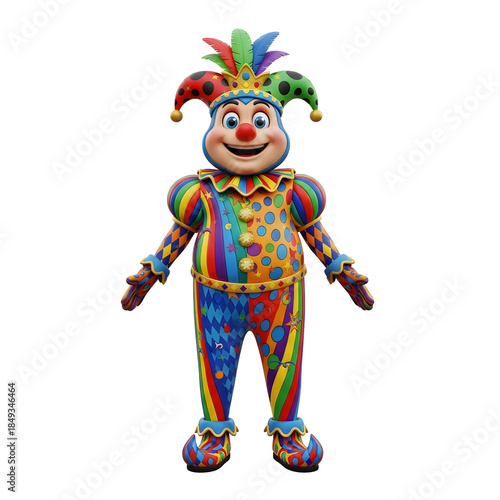 Colorful jester character in playful stance, perfect for whimsical celebrations. This mascot is a symbol of entertainment and amusement.