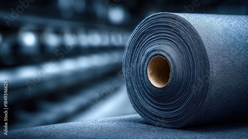 Close-up of a large, tightly rolled dark blue fabric or material on a cardboard tube, industrial setting.