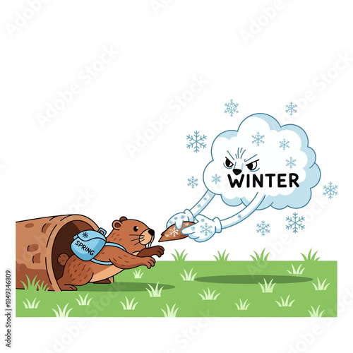 A cartoon beaver in a blue vest emerges from a burrow as a personified winter cloud blows snow, symbolizing the changing of the seasons in a whimsical illustration.