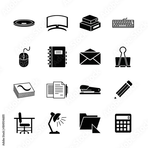 Black and white icons representing various office supplies and equipment arranged in a grid.