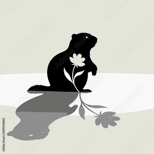 A serene illustration of a beaver holding a flower, depicted in a minimalist style with a subtle shadow, reminiscent of f (45) simplicity